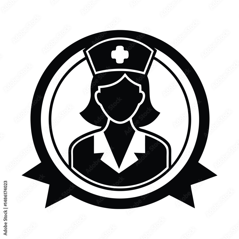 Fototapeta premium Minimalist Nurse Logo Vector Illustration of a Nurse in a Circle with a Ribbon