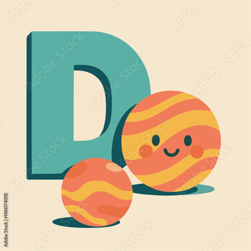 Uppercase Letter D with Cute Dwarf Planet – Retro Space Alphabet Vector for Kids