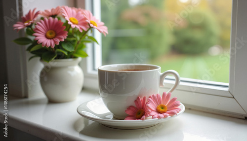 Wallpaper Mural Vase with flowers and tea cup on windowsill, cozy atmosphere, relaxing tea time, soft daylight Torontodigital.ca