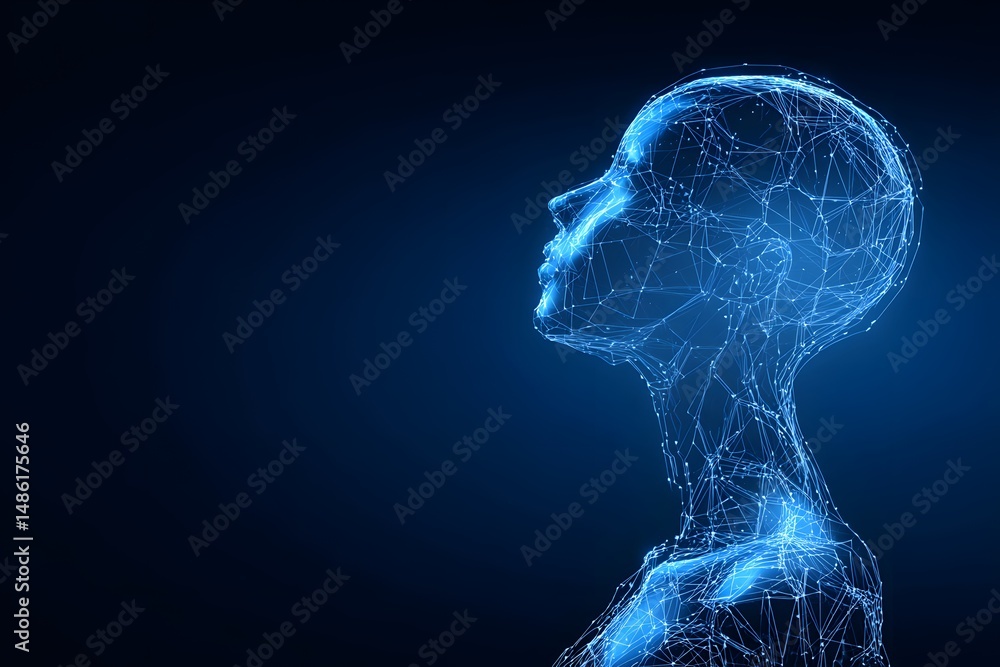 Digital Human Profile: A Futuristic Wireframe Illustration of a Female Head and Upper Body in Blue Tones Digital Human Profile: A Futuristic Wireframe Illustration of a Female Head and Upper Body in Blue Tones