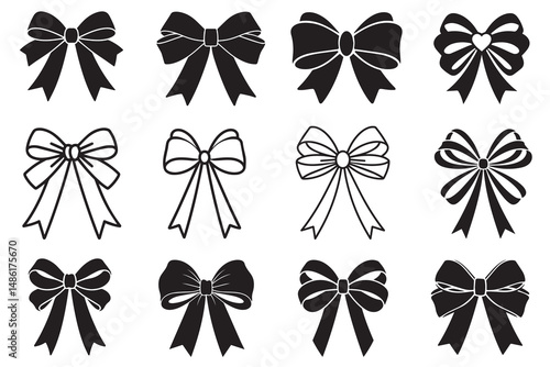 Bow and Ribbon Silhouette Icons Set for Gift Decor and Fashion Designs