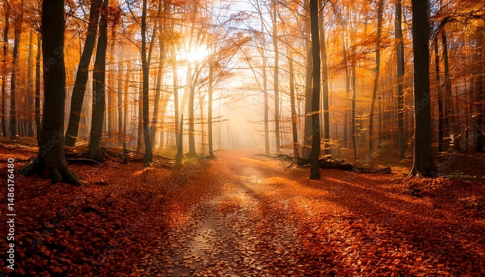 Fototapeta premium Camino forestal otoñal con luz solar y niebla