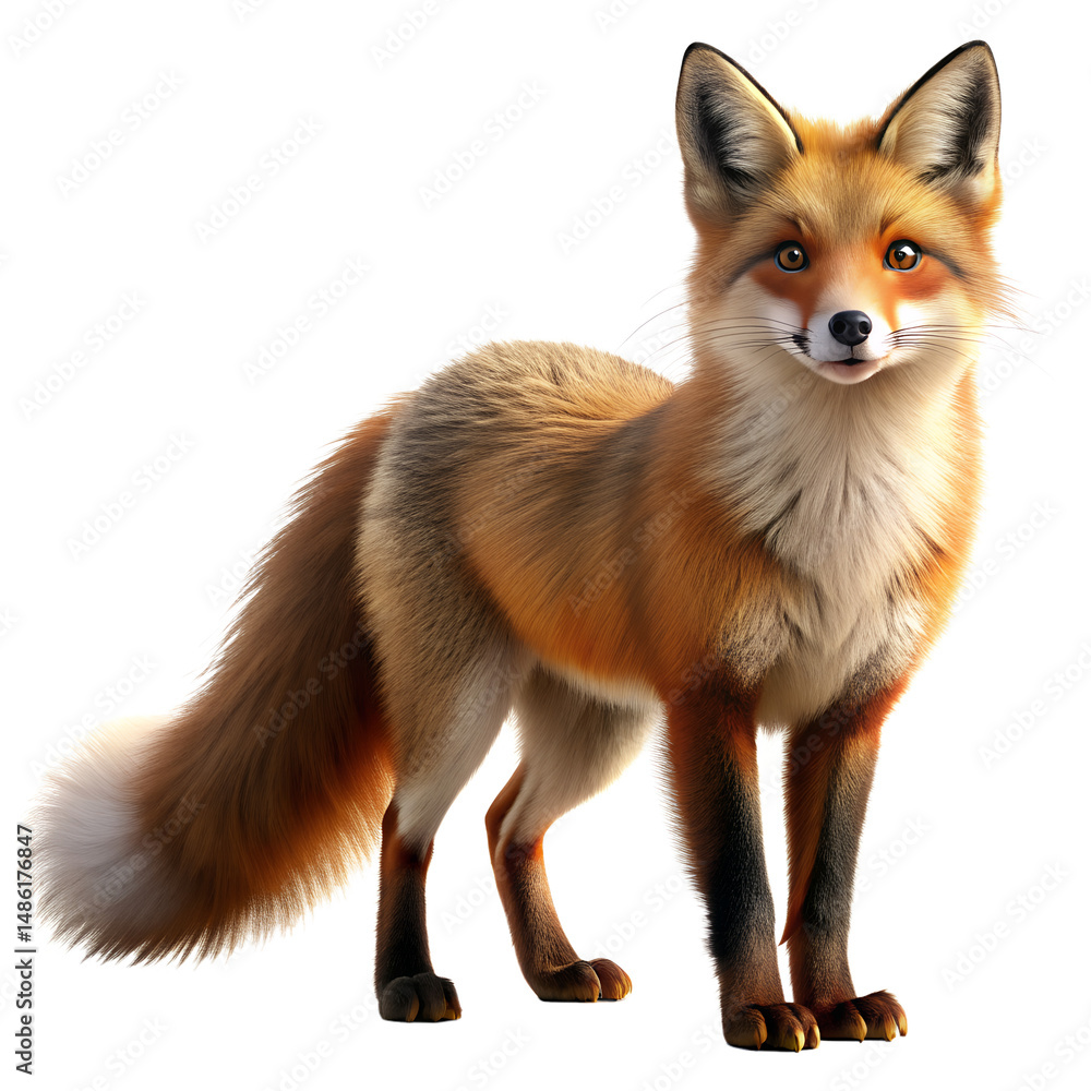 Obraz premium A stylized red fox with a bushy tail stands playfully on a white surface