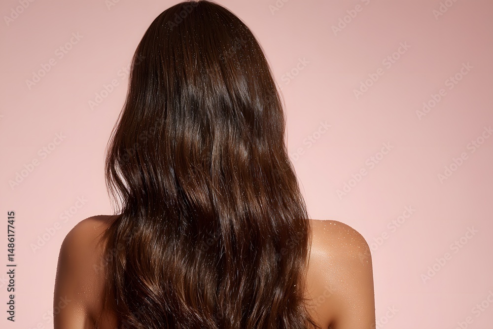 Naklejka premium A Woman with Long, Wavy, Dark Brown Hair from the Back Against a Soft Pink Background