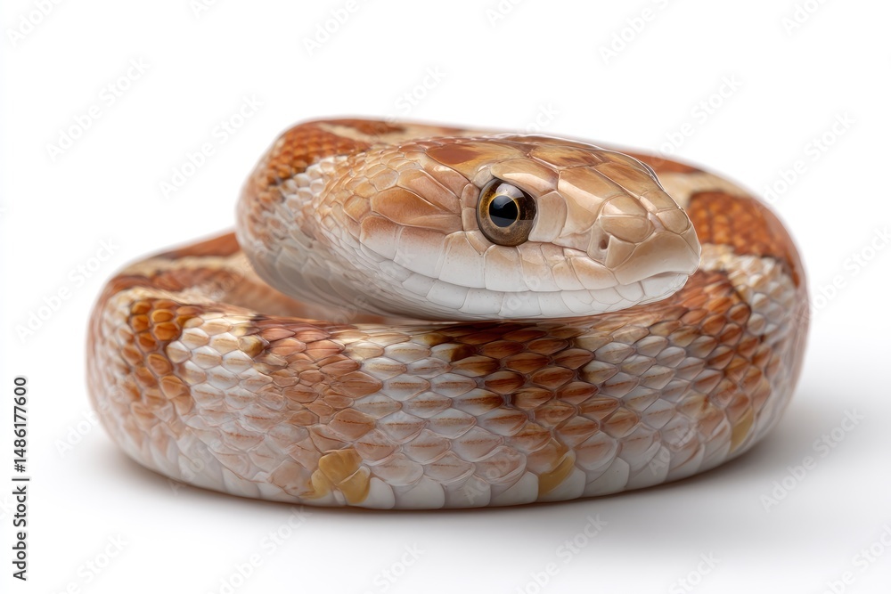Fototapeta premium Coiled Snake Close-up on White Background Reptile Portrait