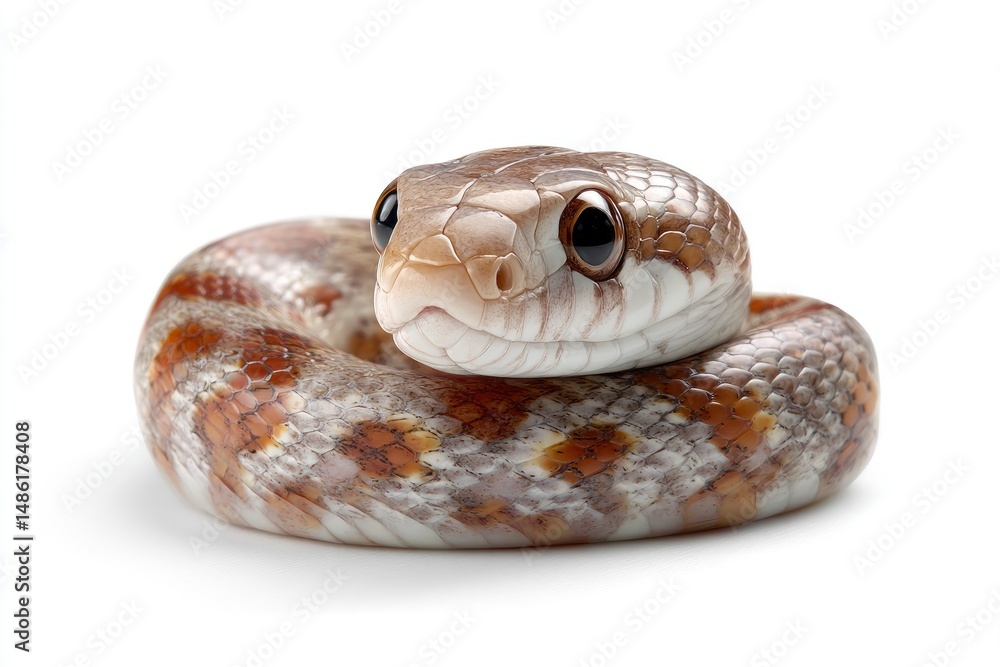 Fototapeta premium Close-up of Coiled Snake with Brown and White Pattern on a White Background