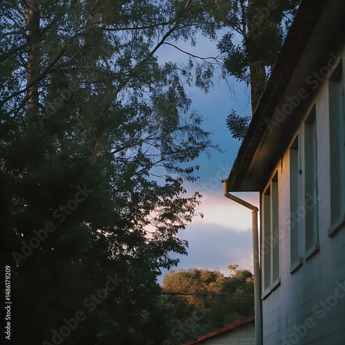 Wallpaper Mural Tranquil Evening Light Building Exterior with Lush Green Trees and Blue Sky at Dusk Torontodigital.ca