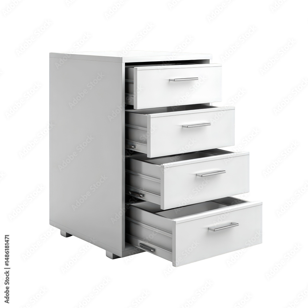 Modern white chest of drawers with silver handles storage home on transparent background Modern white chest of drawers with silver handles storage home on transparent background