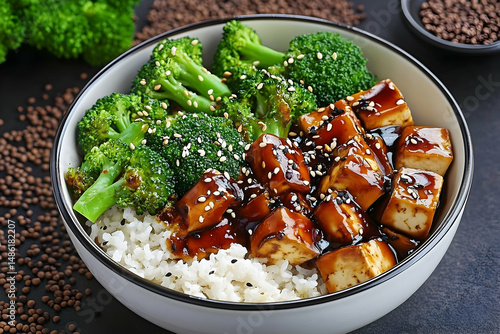 Healthy meal bowl with teriyaki tofu and broccoli.