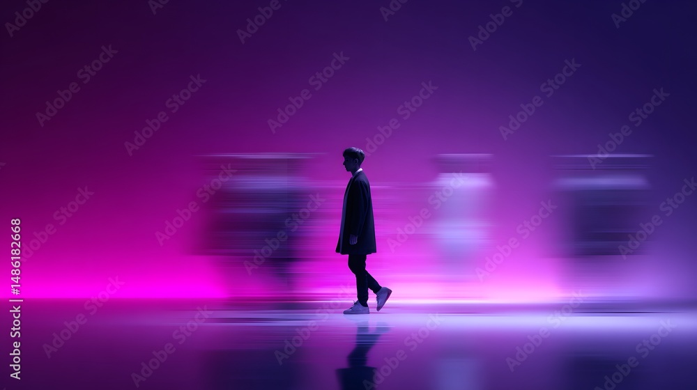 A solitary figure in a long coat walks through a vibrant, neon-lit urban landscape with blurred lights and a gradient background. A solitary figure in a long coat walks through a vibrant, neon-lit urban landscape with blurred lights and a gradient background.