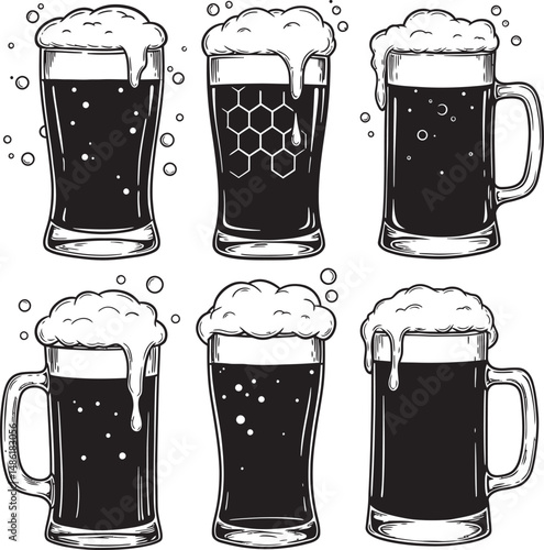  Beer Glass and Mugs Collection Silhouettes White Color Background