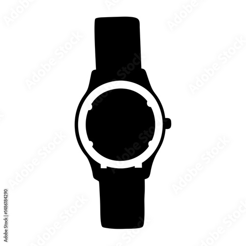 Simplified silhouette illustration of a classic wristwatch design with a prominent dial