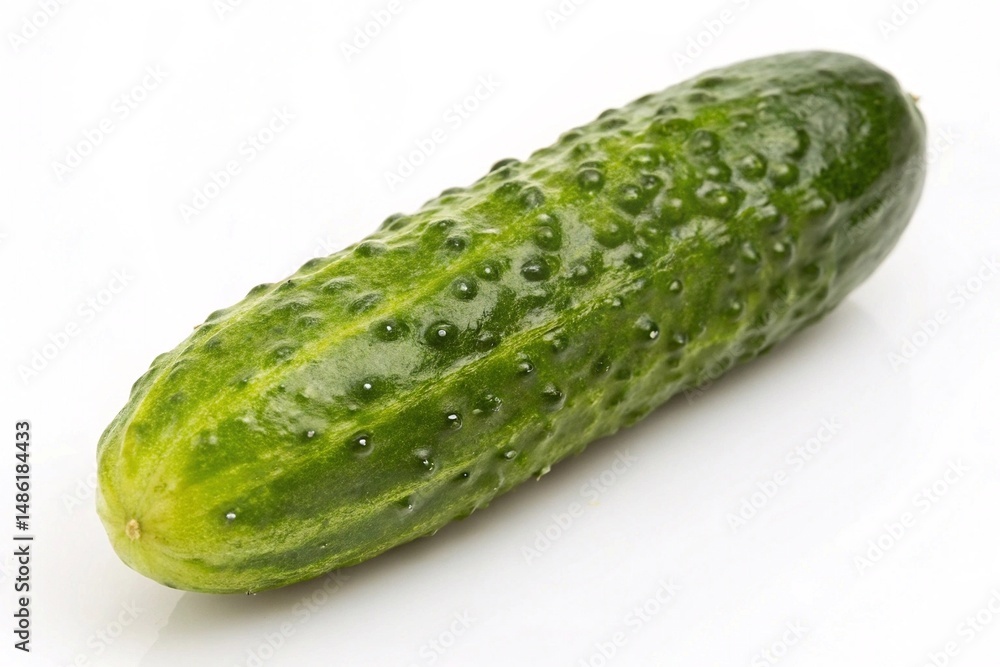 Fresh whole cucumber on white background. Close-up of a single green cucumber with textured skin, isolated on a white background for food or nutrition concepts Fresh whole cucumber on white background. Close-up of a single green cucumber with textured skin, isolated on a white background for food or nutrition concepts