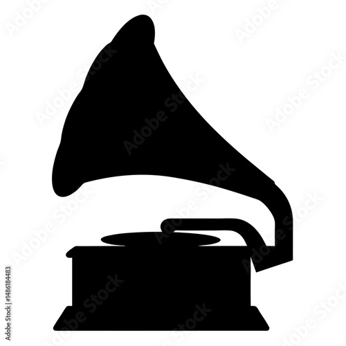 Monochrome silhouette of a vintage gramophone with a horn speaker and record