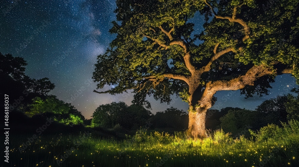 A Majestic Tree Under a Starry Night Sky with Soft Lights Glowing on Green Grass A Majestic Tree Under a Starry Night Sky with Soft Lights Glowing on Green Grass
