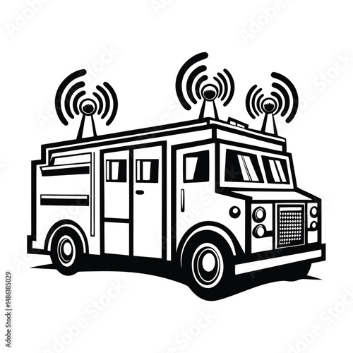 Black and White Van with Antennas on Top, Delivering Wireless Communication System