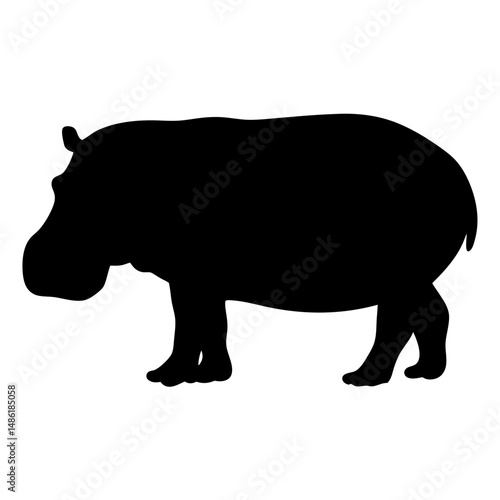 A black silhouette of a hippopotamus standing against a white background