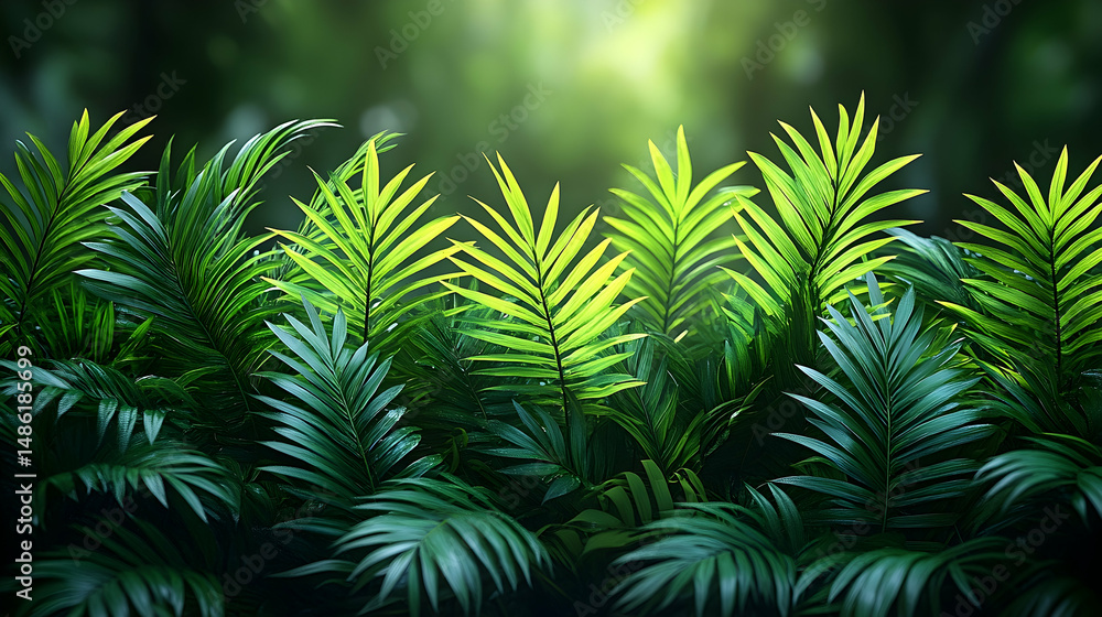 Obraz premium Lush green tropical foliage sunlight nature background