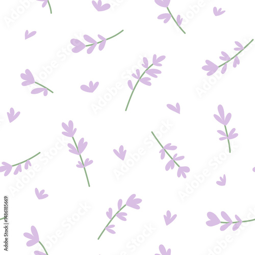 Purple lavender sprigs cartoon flat seamless pattern isolated on white background