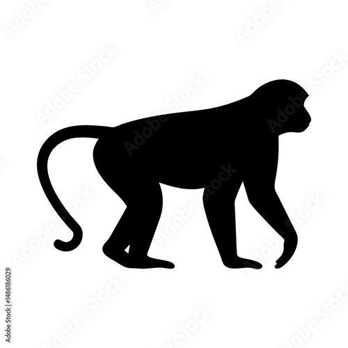 Silhouette of a monkey walking on all fours against white background