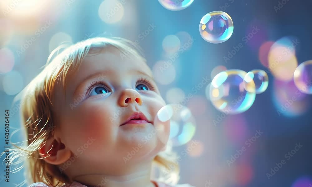 Baby gazing with awe at shimmering bubbles floating around in soft light. The child's wide eyes and slight smile reflect curiosity and wonder, creating a heartwarming scene Baby gazing with awe at shimmering bubbles floating around in soft light. The child's wide eyes and slight smile reflect curiosity and wonder, creating a heartwarming scene