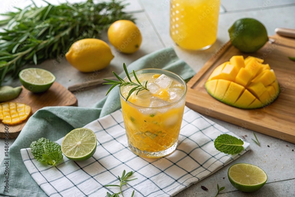 Fototapeta premium Refreshing mango citrus drink with herbs and ice. Glass of cold mango citrus beverage with lime, lemon, herbs, and ice cubes on a summer table setting, surrounded by fresh ingredients