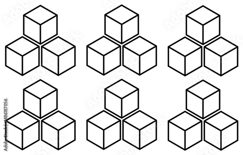 A simple vector illustration of six groups of cubes arranged in a geometric formation.