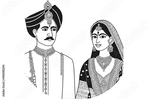 Traditional Indian Bride and Groom in Wedding Attire – Line Art Vector Illustration