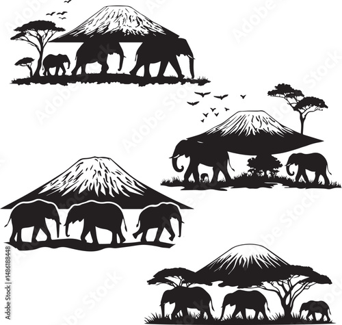 Silhouette Mount Kilimanjaro with Elephants walking vector