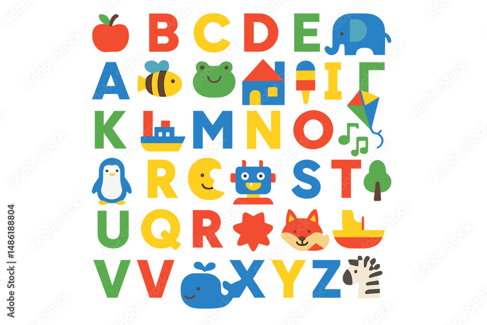 Colorful alphabet design featuring animals and objects in playful layout for children's education and learning Colorful alphabet design featuring animals and objects in playful layout for children's education and learning