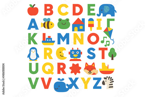 Colorful alphabet design featuring animals and objects in playful layout for children's education and learning