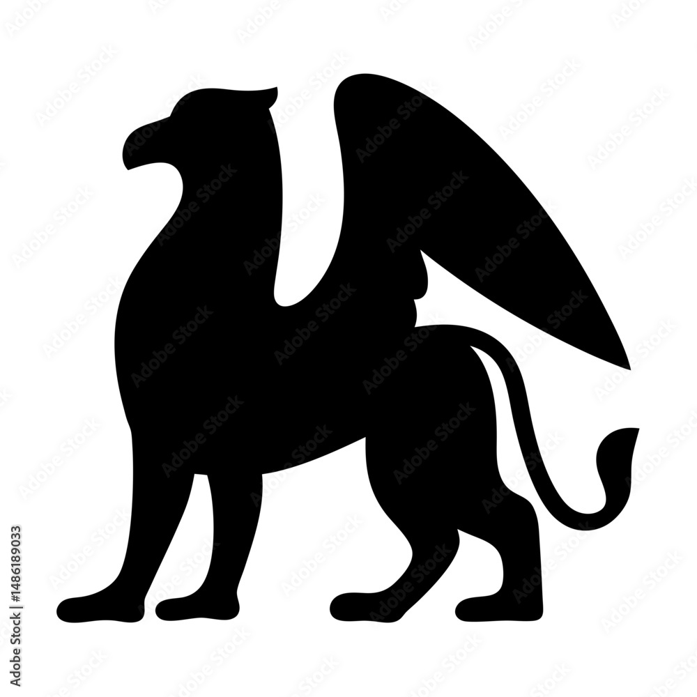 Obraz premium Black Silhouette of a Regal Griffin, Mythical Creature with Wings and Body