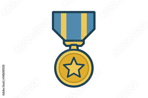 Golden medal with blue and yellow ribbons representing achievement and success in competitive events or awards