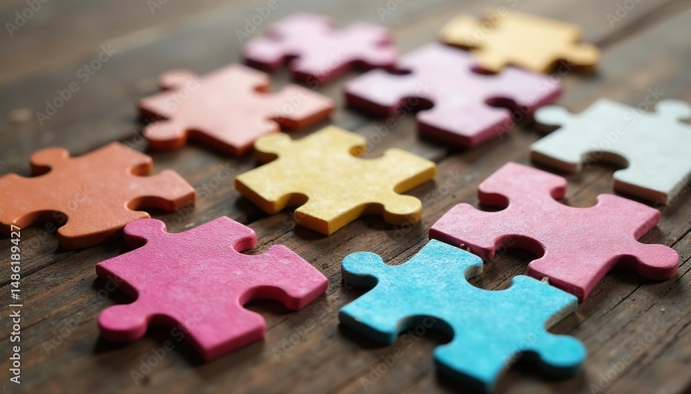 Fototapeta premium Scattered jigsaw puzzle pieces on wooden table, showing various shapes and colors , table, board game, background