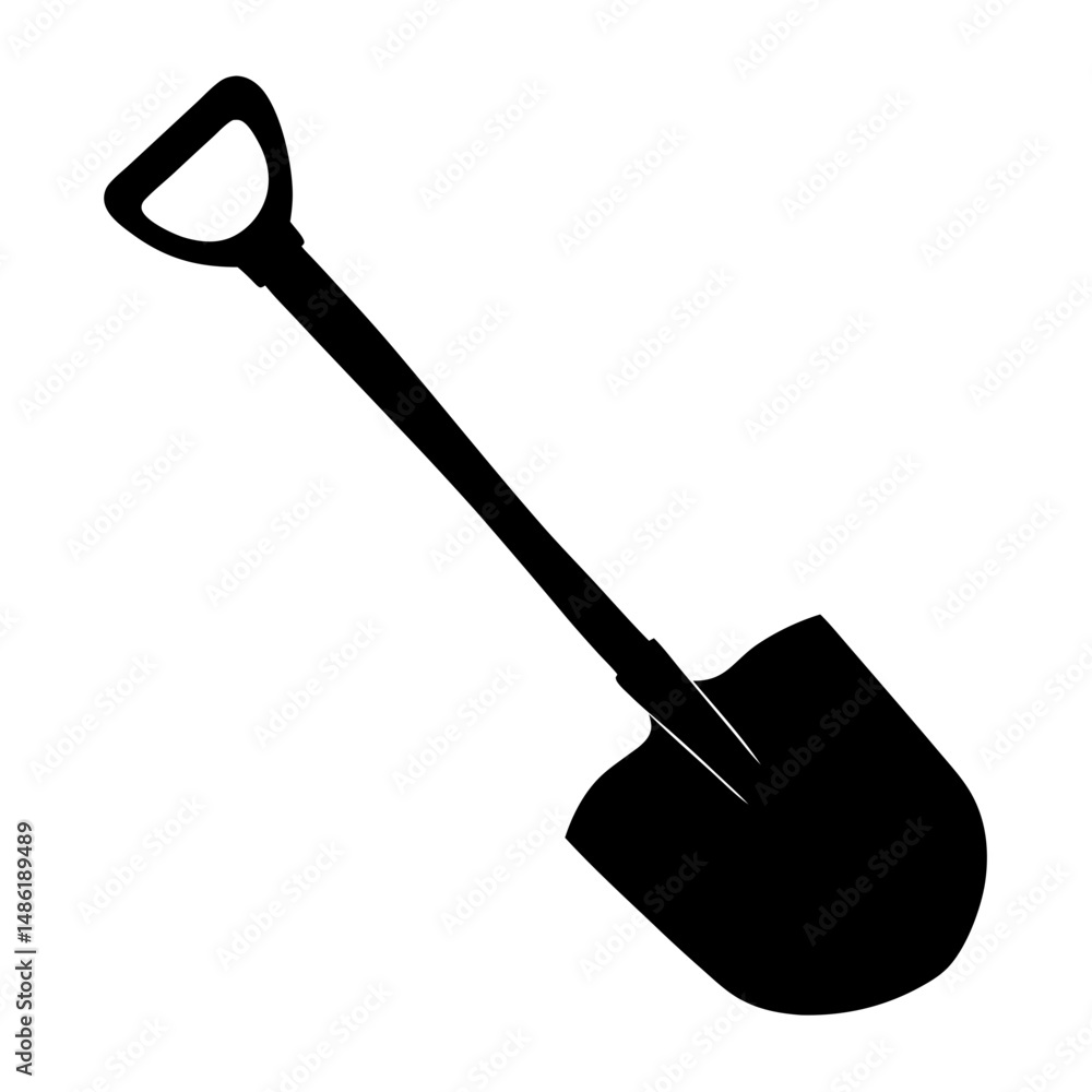 Detailed black and white silhouette illustration of a sturdy gardening shovel Detailed black and white silhouette illustration of a sturdy gardening shovel