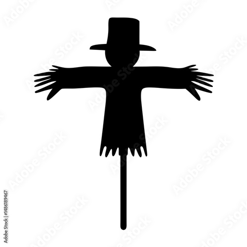 Silhouette of a Scarecrow with Hat and Straw Hands on White Background