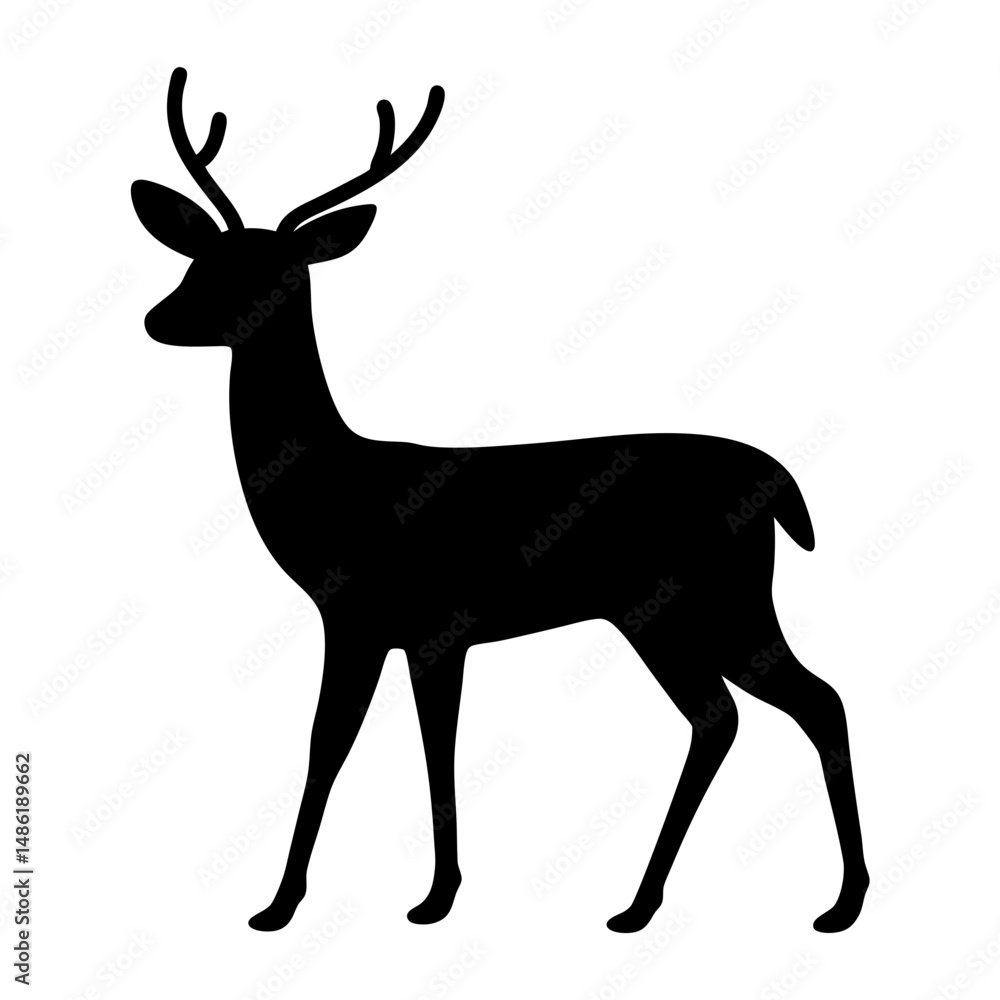 Obraz premium Black Silhouette of a Male Deer with Antlers Standing on White Background