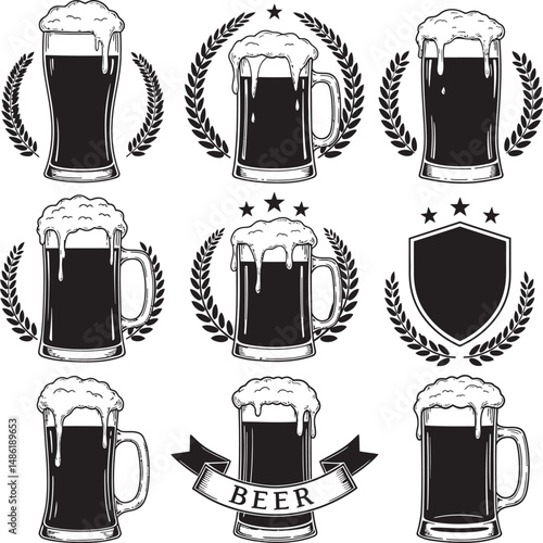  Beer Glass and Mugs Collection Silhouettes White Color Background