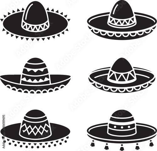 Six Different Styles of Sombrero Hats Vector Icons