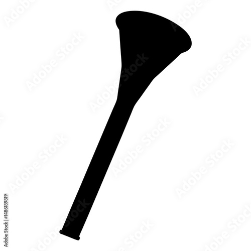 A silhouetted image of a long handled spoon with a curved bowl
