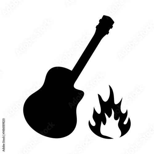 Silhouette of an acoustic guitar near a flame symbolizing passionate music