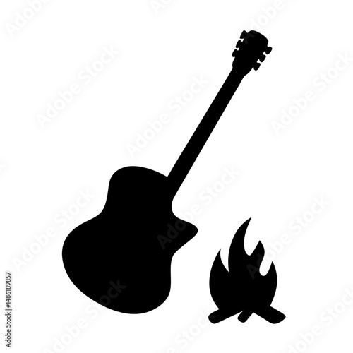 Silhouette of acoustic guitar and campfire perfect for a relaxing evening