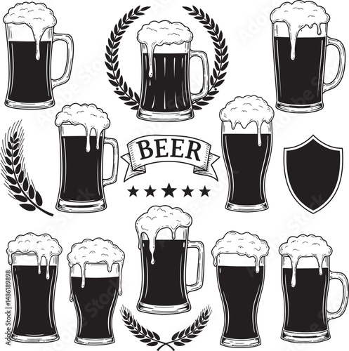  Beer Glass and Mugs Collection Silhouettes White Color Background