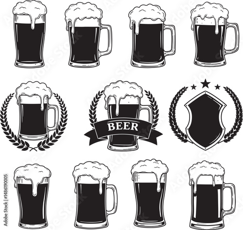  Beer Glass and Mugs Collection Silhouettes White Color Background