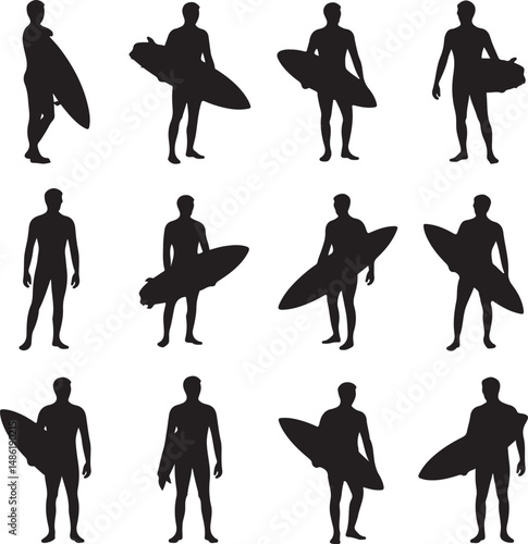Twelve Silhouettes of Male Surfers with Surfboards