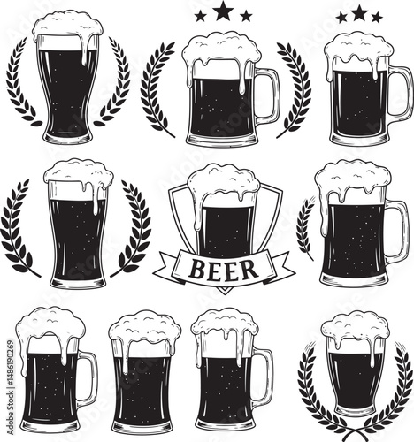  Beer Glass and Mugs Collection Silhouettes White Color Background