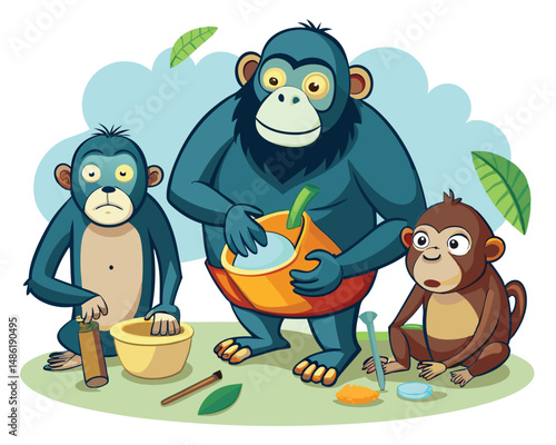 Three Monkeys Preparing a Tropical Drink