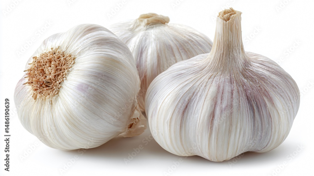 Obraz premium Fresh Heads of Garlic on White Background for Culinary Concepts