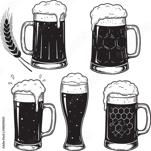  Beer Glass and Mugs Collection Silhouettes White Color Background