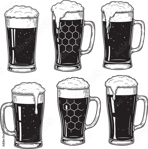  Beer Glass and Mugs Collection Silhouettes White Color Background